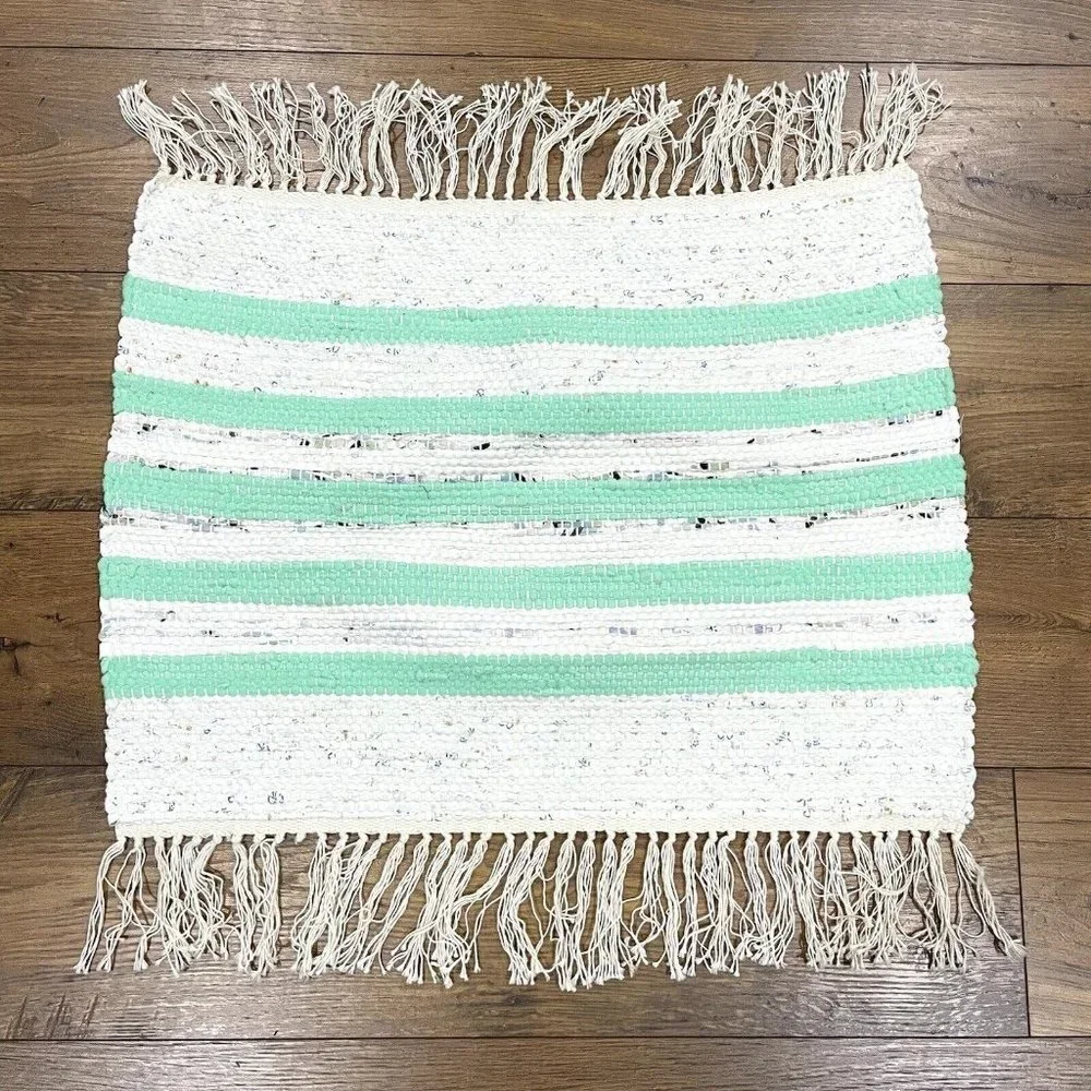 NEW Handmade Woven Rag Rug 20x26 Fringe Tassel‎ Throw Cotton Striped Green Ivory